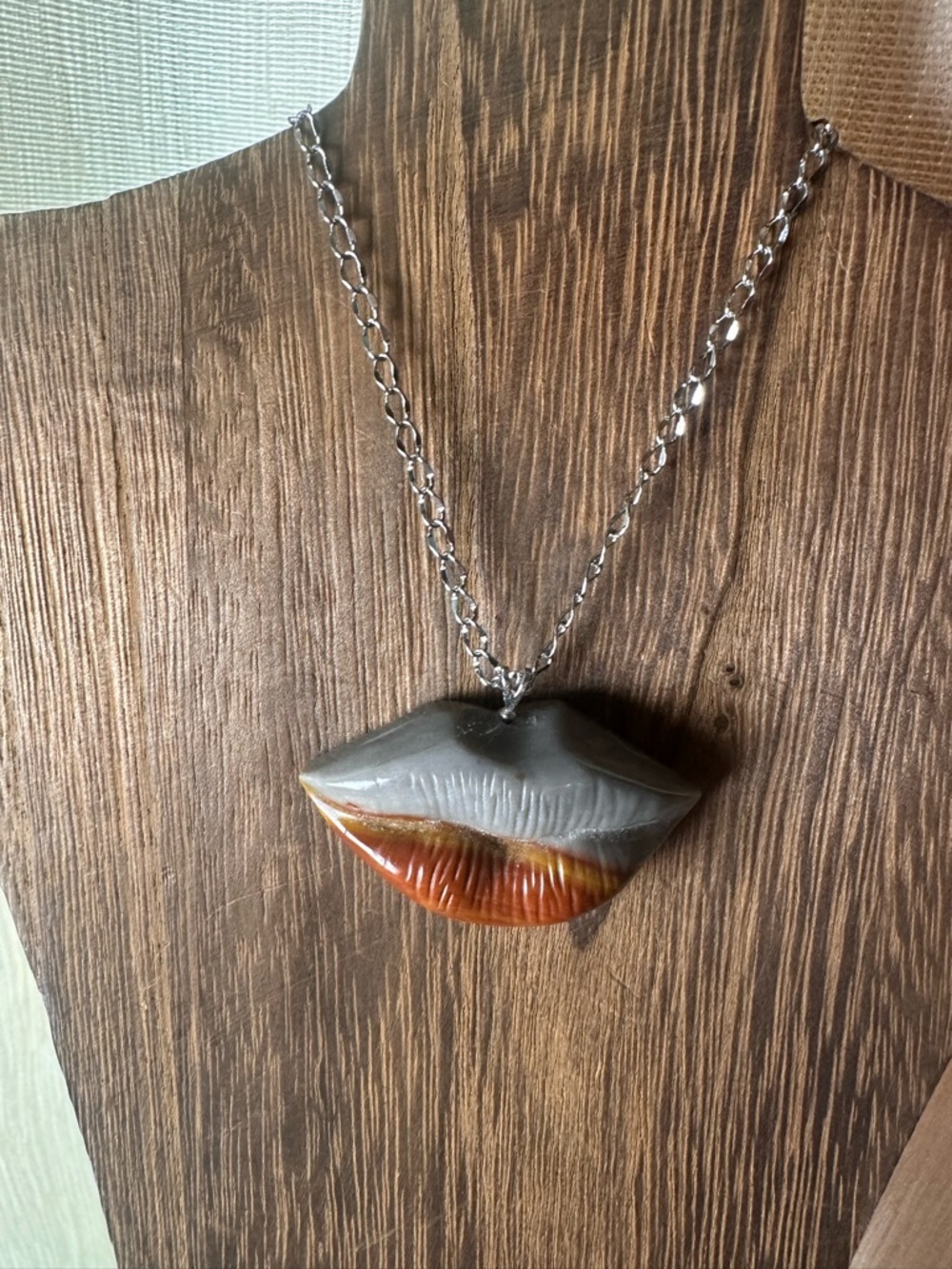 Alashan Agate Lips Pendant Necklace on Sterling Silver Bail and Stainless Steel - Picture 7 of 11